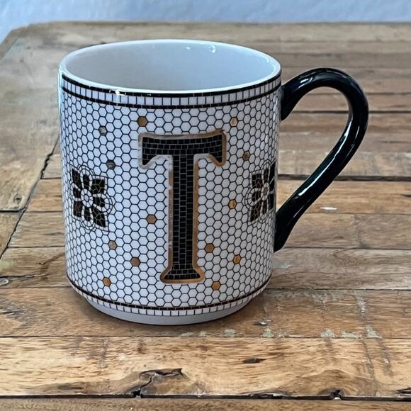 Anthropologie Other - Anthropologie Mug 4" Tall 14 oz Letter T Black Gold Honeycomb Mosaic Tile
